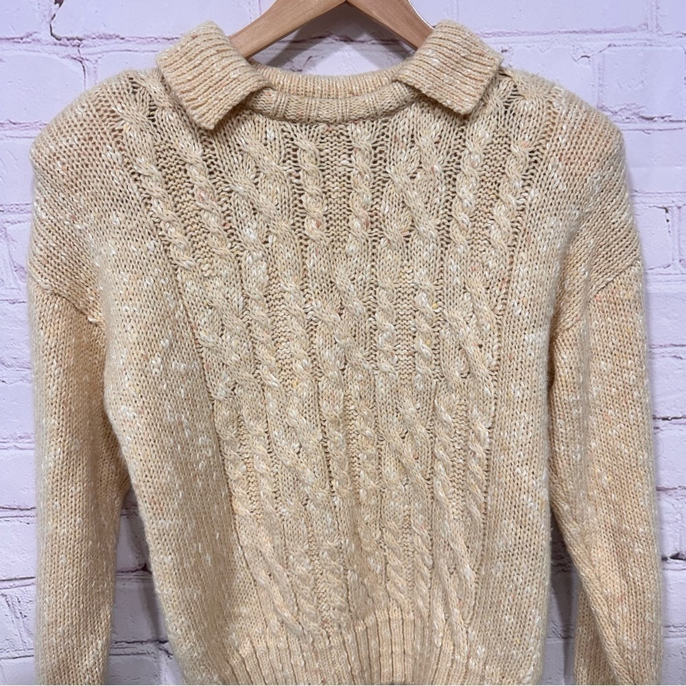 Lizsport women’s vintage Sweater Petite Beige Tan Collared Chunky Shoulder Pad - Picture 7 of 7
